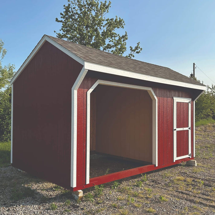 little cottage company 10x16 run in animal shelter with tack room painted red slant
