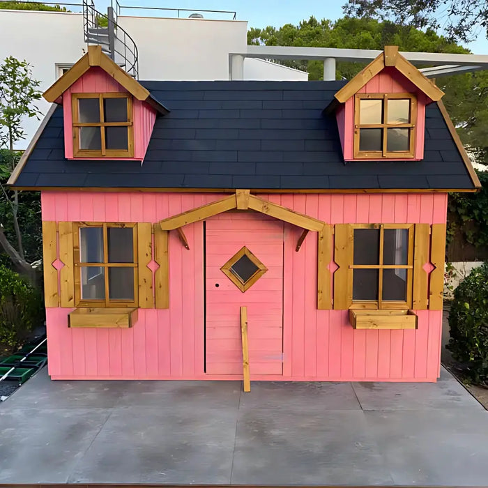 Pink palmako marie 9x6 playhouse with black roof and wooden accents on a concrete surface