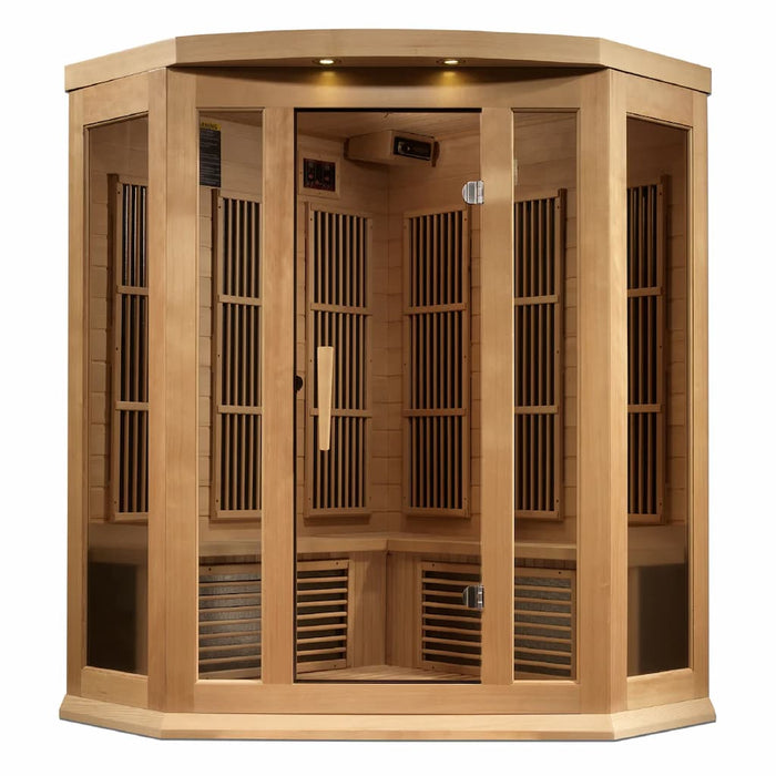 Golden Designs Maxxus Corner 3-Person FAR Infrared Sauna Near Zero EMF in Canadian Hemlock - Front
