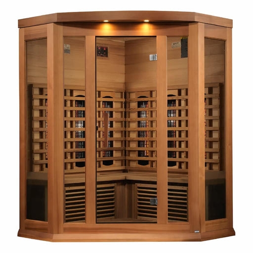 Golden Designs Maxxus Corner 3-person Full Spectrum Infrared Sauna with Near Zero EMF in Canadian Red Cedar - Front
