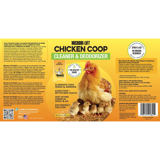 Flattened close-up of the front and back Microbe-Lift Chicken Coop Cleaner & Deodorizer product labels