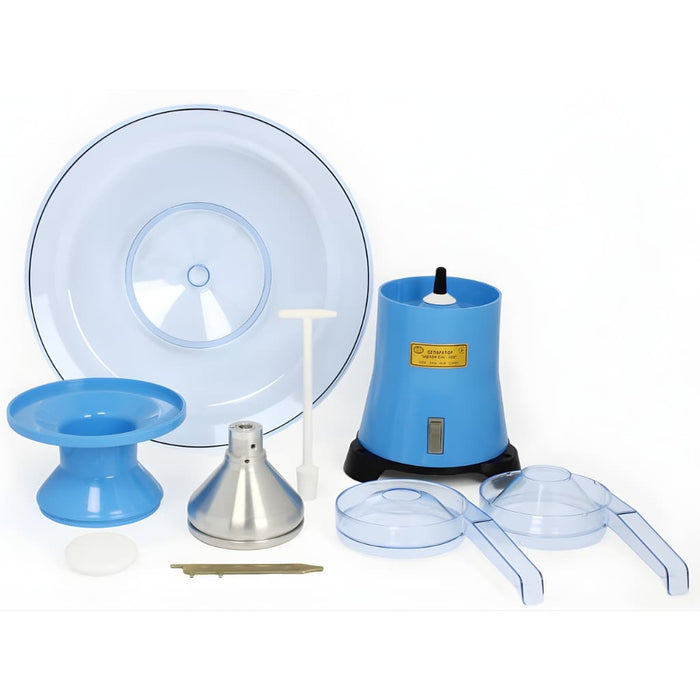 Parts of Milky Day Electric Cream Seperator 100-19 including a blue funnel, bowl, and other accessories on a white background