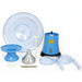 Parts of Milky Day Electric Cream Seperator 100-19 including a blue funnel, bowl, and other accessories on a white background