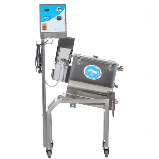 Milky FJ 32 butter churn machine with tilting mechanism in tilted position