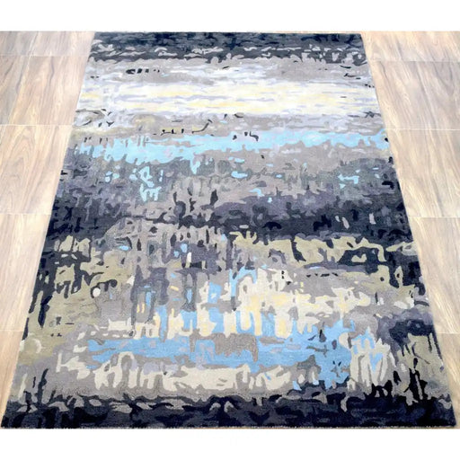 Modern Abstract Blue and Gray Hand Tufted Wool 5x8 Area Rug full view