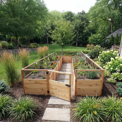 Outdoor Living Today 8x16 cedar raised garden bed with a gate in a lush garden setting