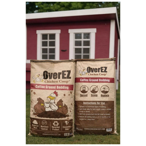 Front and back views of OverEZ Coffee Ground Bedding packages outside a chicken coop.