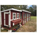 Classic red OverEZ Large Chicken Coop connected to a custom matching chicken run.
