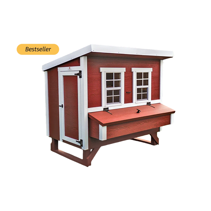 Classic red OverEZ Large Chicken Coop shown from the front on a black background.