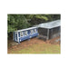 Customer setup with a blue Large Chicken Coop beside a covered run in a wooded yard