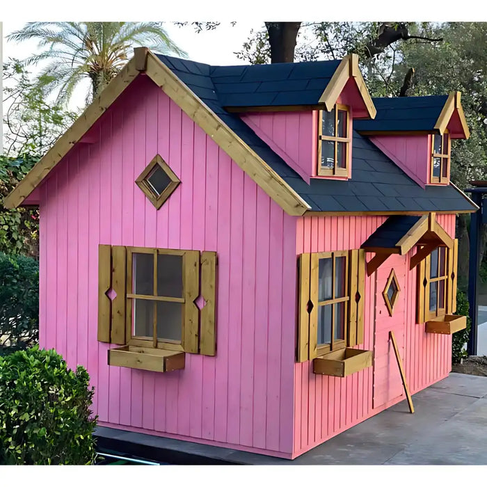Pink palmako marie 9x6 children's playhouse with unstained accents in an outdoor setting