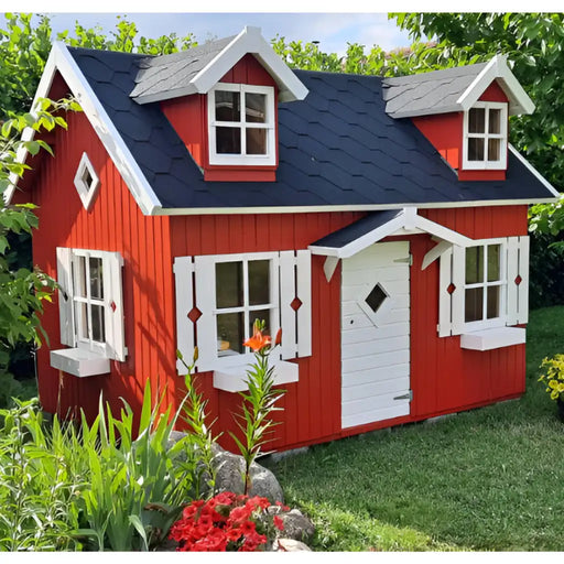 Red palmako marie 9x6 wood playhouse kit with white trim in a garden setting