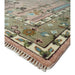 Pink, Olive and Beige hand-knotted wool rug, corner and fringe closeup