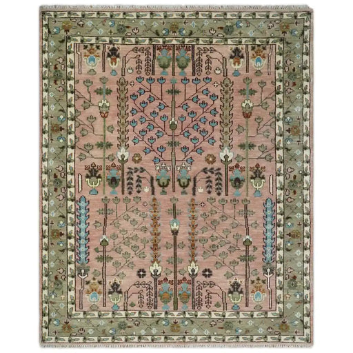 Pink, Olive and Beige hand-knotted wool rug, full front view