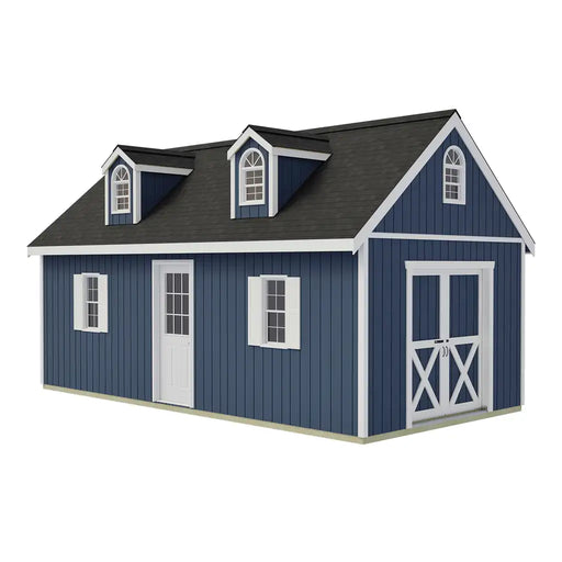 Illustration of the 12x24 Planner’s Paradise Elite with sliding gable doors, a side walk-in door, shuttered windows and two dormers.