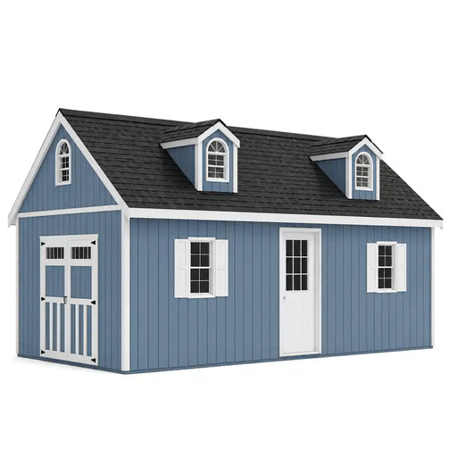 Illustration of the 12x24 Planner’s Paradise Elite with transom double doors, a side walk-in door, shuttered windows and two dormers.