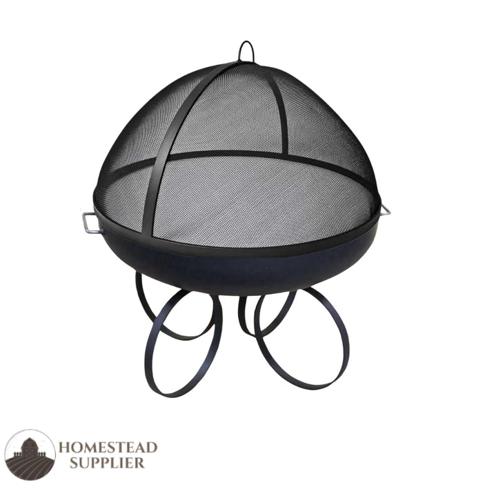 Master Flame Round Fire Pit Bowl with Black Swan Base and Grate with Hybrid Steel Dome Screen