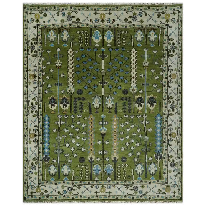 Royal Green and Ivory area rug shown flat with its full symmetrical botanical design