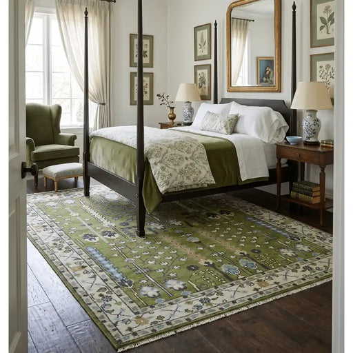 Royal Green and Ivory rug placed beneath a bed in a bedroom