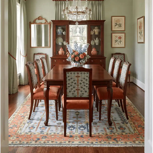 Styled dining room showing the Rust and Blue rug beneath a table and chairs