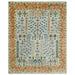 Front view of the full rectangular Rust and Blue Tree of Life rug on white with a pale blue-gray field, rust border, and fringe