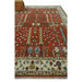 Low, angled view showing the full rust and ivory rug on a floor.