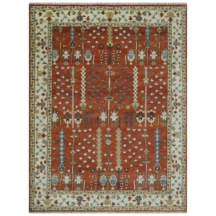 Tree of Life Rust and Ivory rug shown in full, with fringe at both ends.