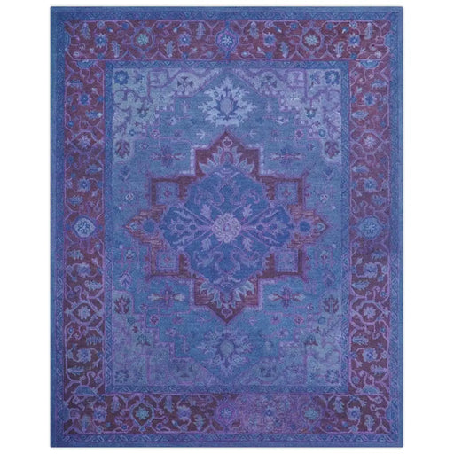 Full view of the Sky purple overdyed wool rug on white