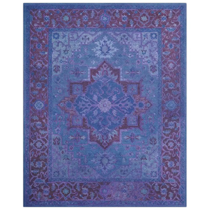 Full view of the Sky purple overdyed wool rug on white