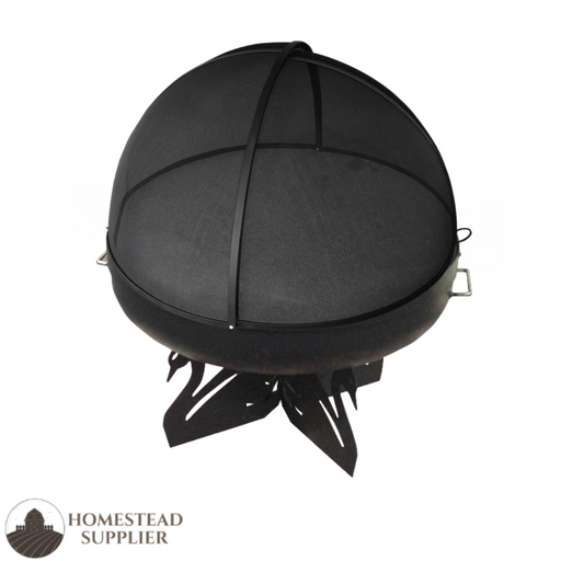 Master Flame Round Fire Pit Bowl with Black Swan Base and Grate with Carbon Steel Pivot Screen