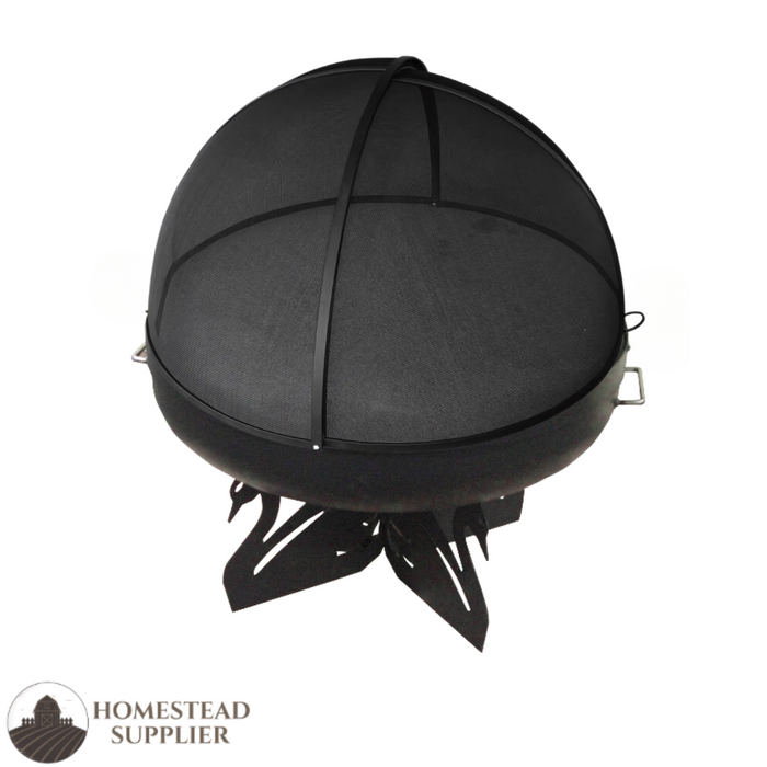 Master Flame Round Fire Pit Bowl with Black Swan Base and Grate with Carbon Steel Pivot Screen
