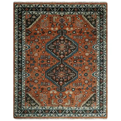 Front view of the rust, ivory and brown hand-knotted wool rug in the pictured 8x10 option.