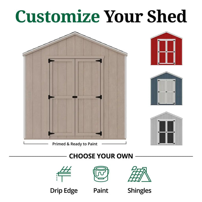 Customize Your Little Cottage Co Value Gable Shed with options for drip edge, paint, and shingles on a white background.
