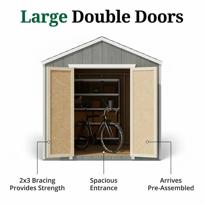 Diagram of Little Cottage Co Value Gable Shed storage shed with large double doors, showing features like 2x3 bracing and spacious entrance.