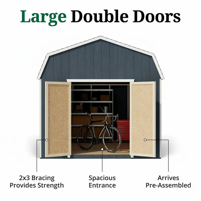 Value Gambrel Barn with 6 sidewall shed with large double doors, bicycle inside, and text highlighting features.
