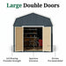 Value Gambrel Barn with 6 sidewall shed with large double doors, bicycle inside, and text highlighting features.