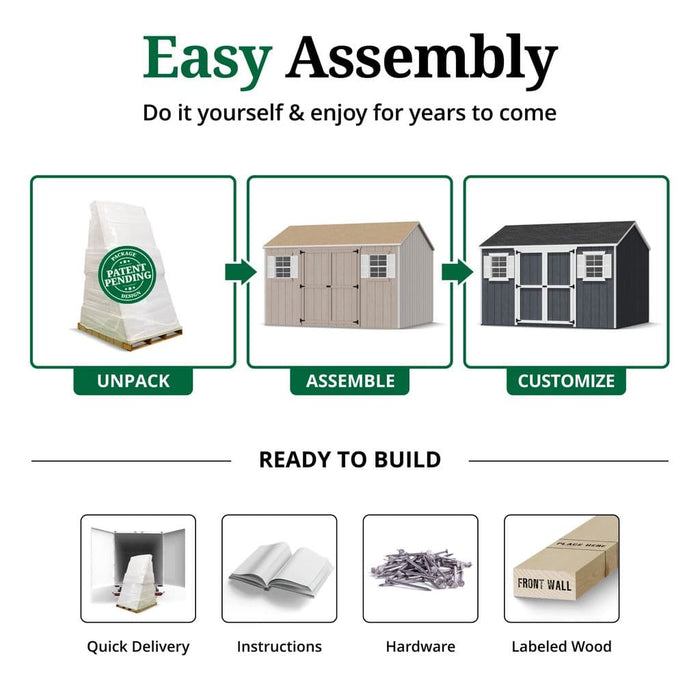 Step-by-step guide for assembling a little cottage co value workshop storage shed with icons and text on a white background.