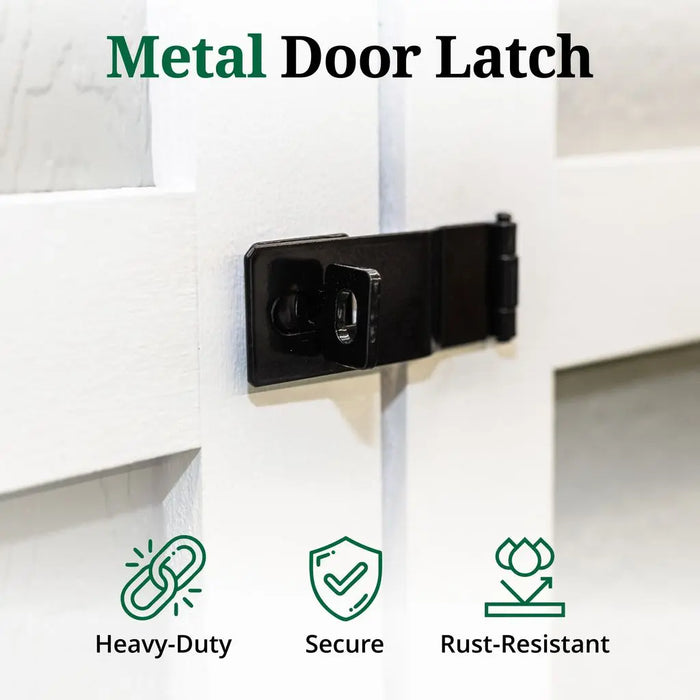 Metal door latch on a white door with icons indicating heavy-duty, secure, and rust-resistant features.