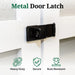 Metal door latch on a white door with icons indicating heavy-duty, secure, and rust-resistant features.