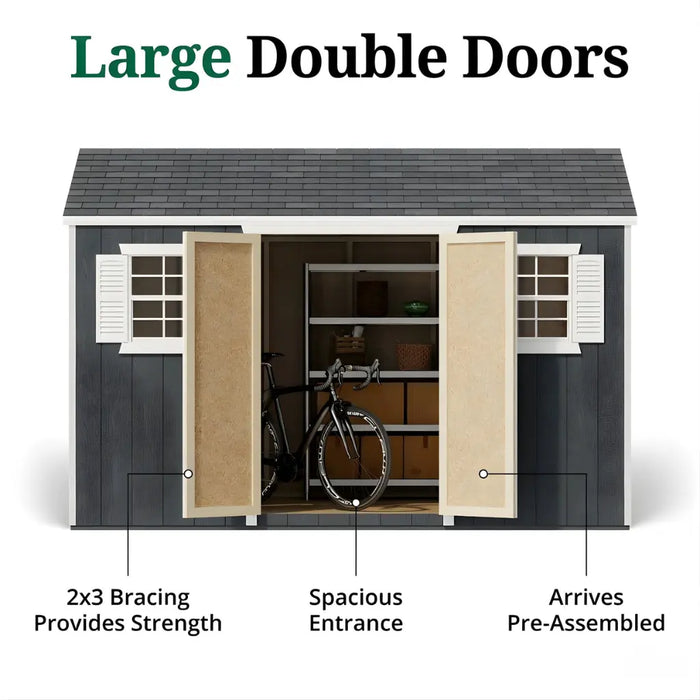 Storage shed with large double doors, bicycle inside, labeled features on a white background