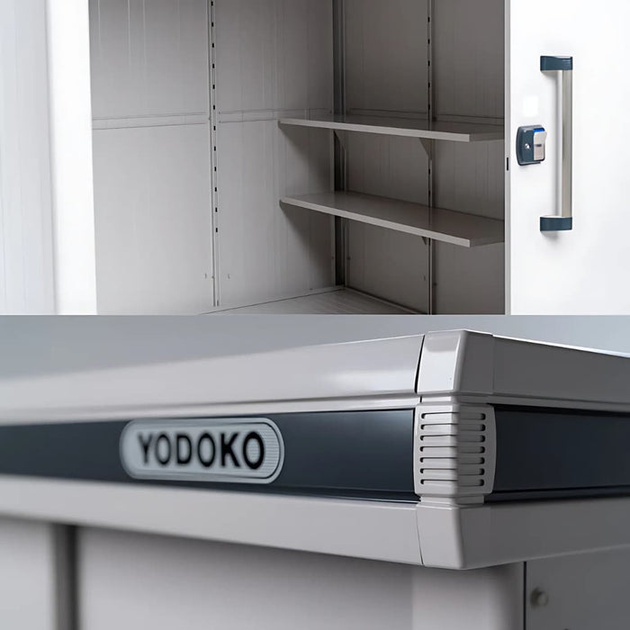 YODOKO - Premium Outdoor Large Metal Shed LMDS - Shelf with Logo