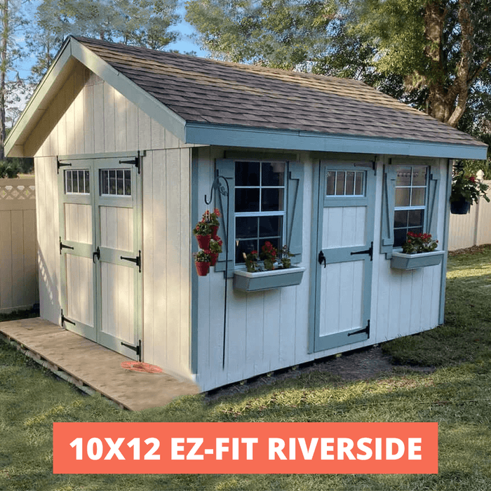 10x12 EZ Fit Riverside shed kit in beige with flower boxes.
