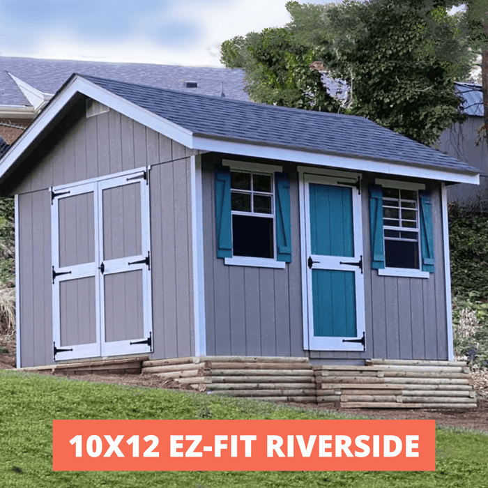 10x12 EZ Fit Riverside outdoor shed with blue doors and windows for backyard storage