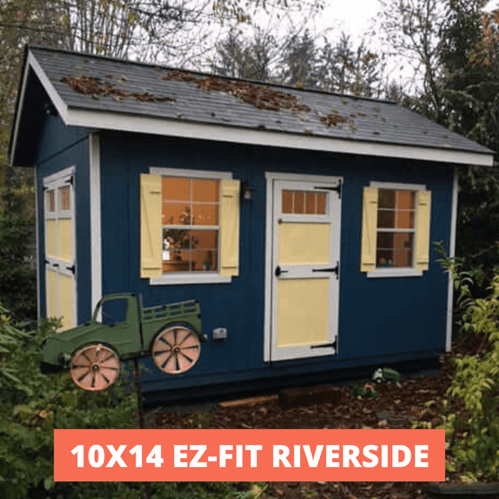 Exterior of 10x14 EZ-Fit Riverside shed kit in dark blue with yellow shutters, ideal for backyard storage or home office use.