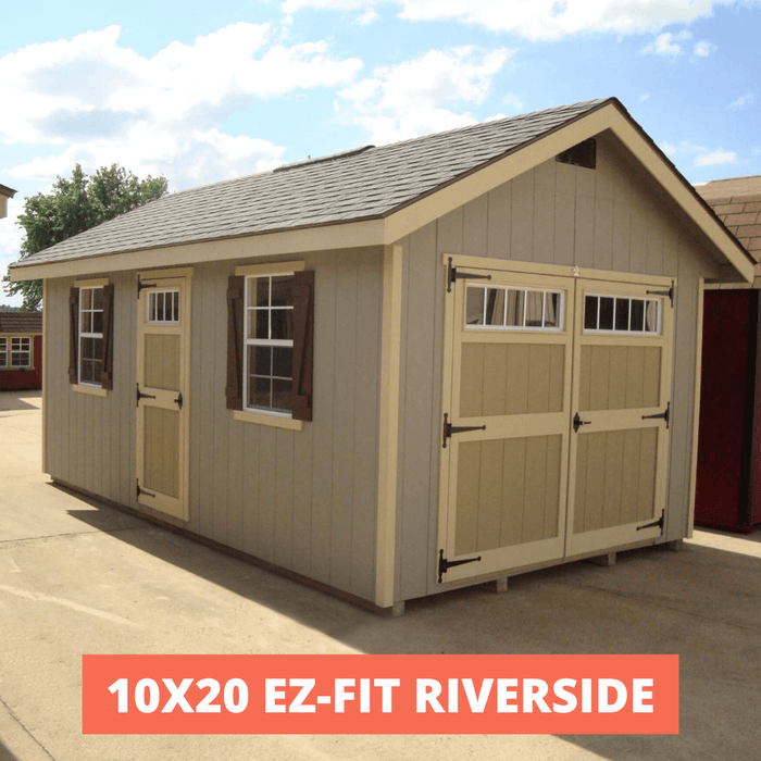 10x20 EZ Fit Riverside shed kit in gray with double doors and side windows in a driveway