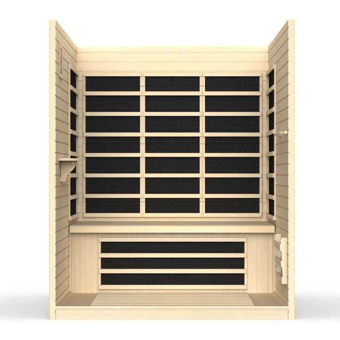Golden Designs Dynamic Vila 3-person Infrared Sauna with Ultra Low EMF in Canadian Hemlock - Inside View