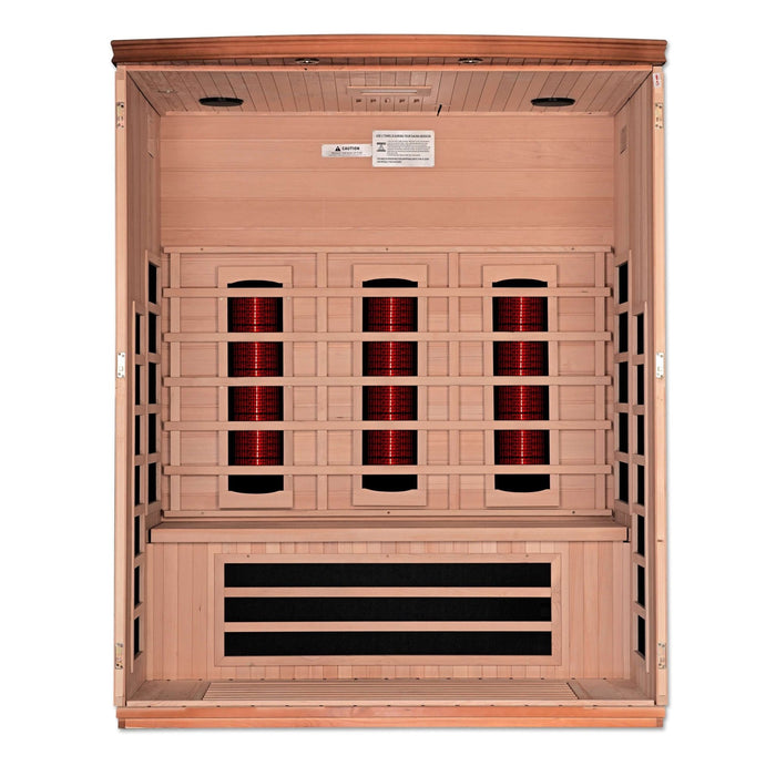 Golden Designs Dynamic Lugano 3-person Full Spectrum Infrared Sauna with Near Zero EMF in Canadian Hemlock - Inside View