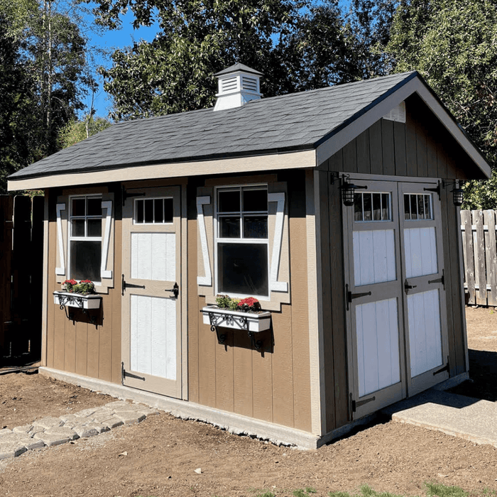 Compact brown garden shed with dual white doors and two flower box windows, ideal for storage and outdoor workspace.