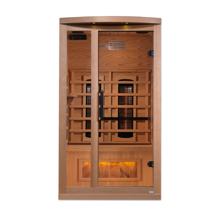 Golden Designs 1-person Full Spectrum Infrared Sauna with Near Zero EMF with Himalayan Salt Bar in Canadian Hemlock - Front View