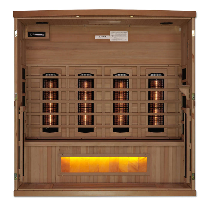 Golden Designs 4-person Full Spectrum Infrared Sauna with Near Zero EMF with Himalayan Salt Bar in Canadian Hemlock - Inside View